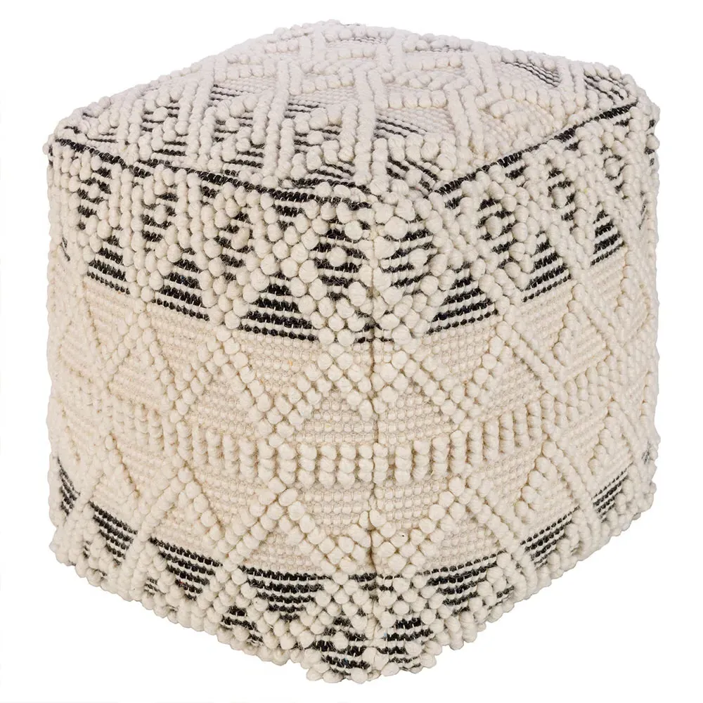 Hallie Square Pouf with Black Accent - Cream, Cotton