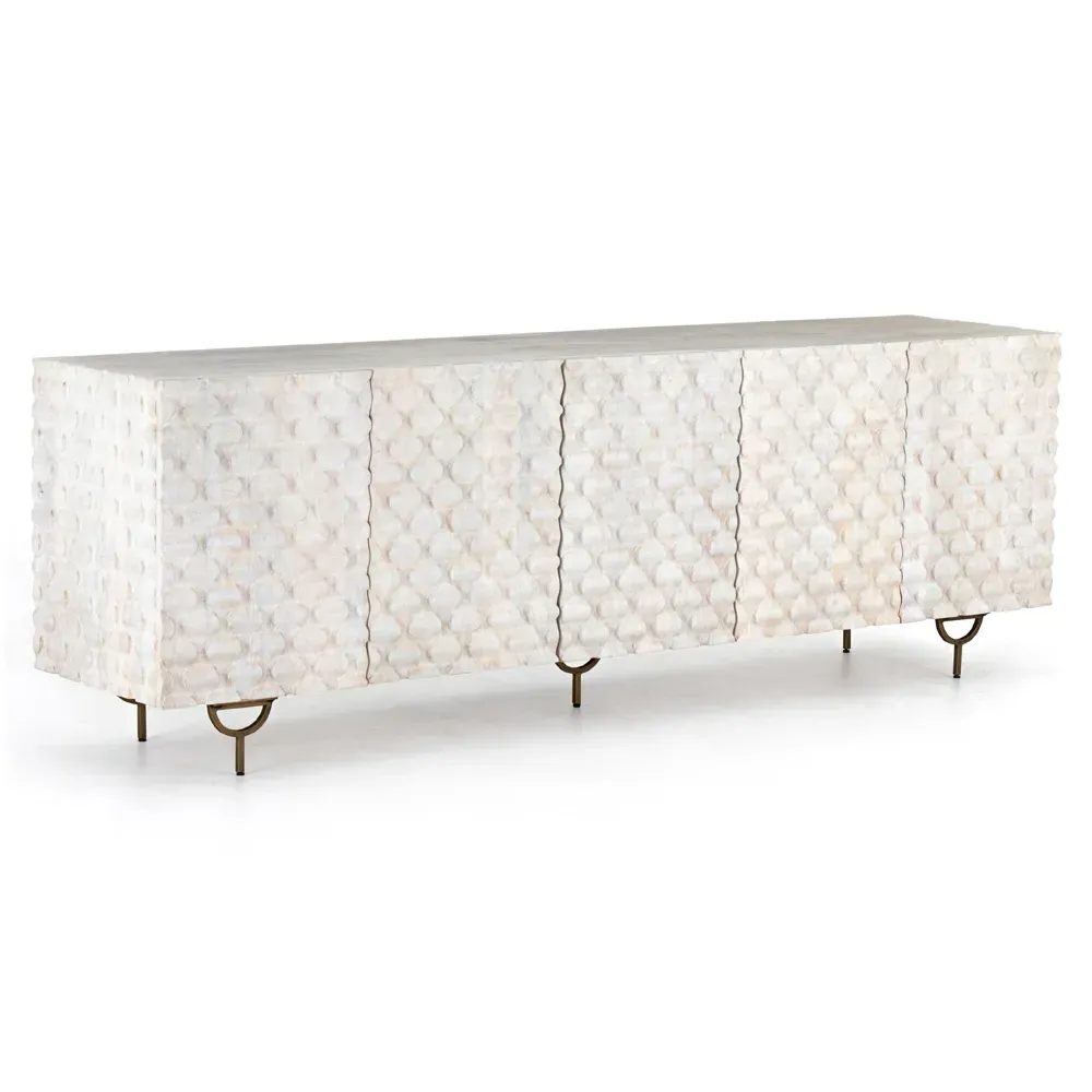 Harriet Carved Mango Wood Media Cabinet - White Wash