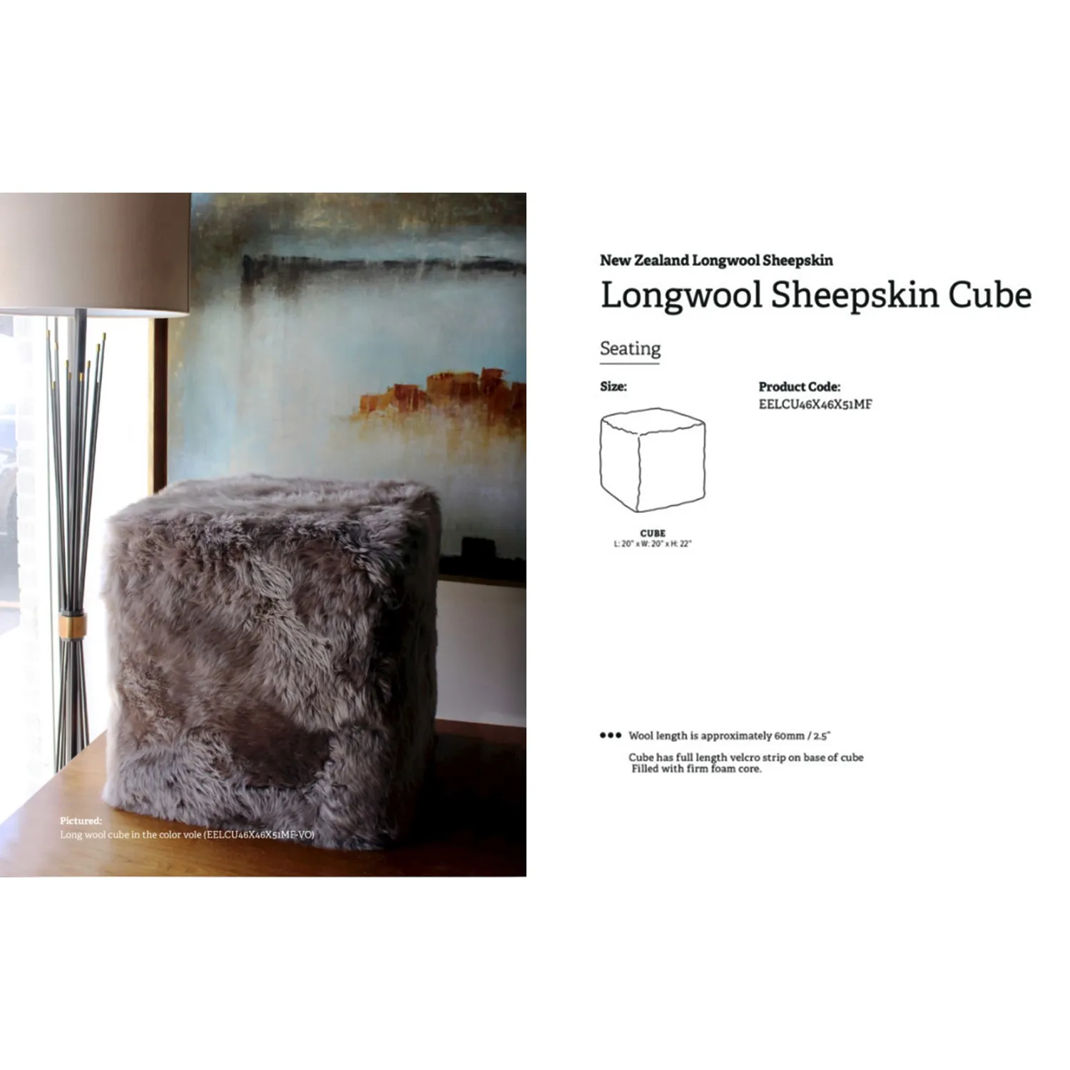 Harris Square Pouf - White, Long Wool Sheepskin