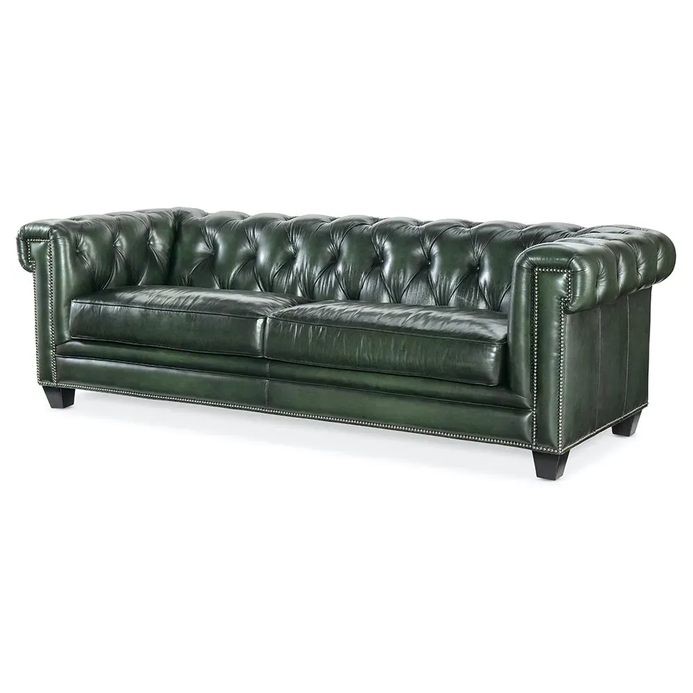 Harry Tufted Sofa with Nailheads - Green, Leather
