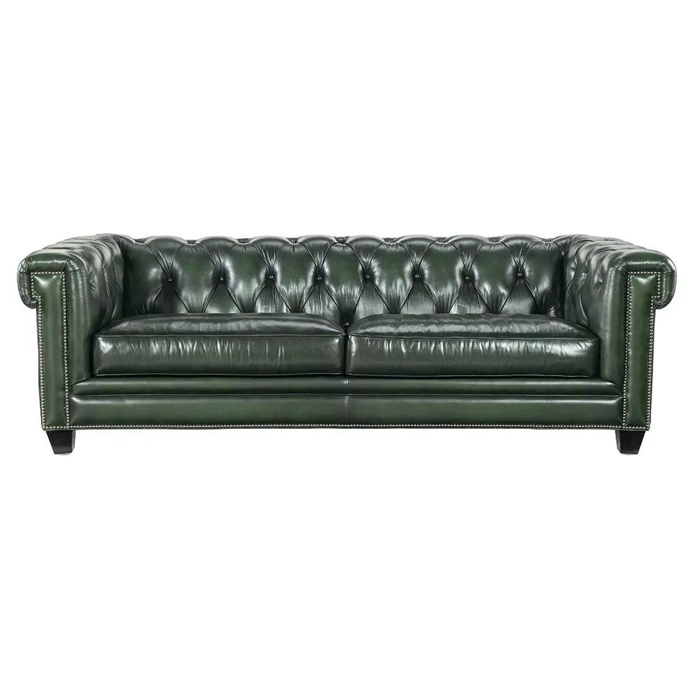 Harry Tufted Sofa with Nailheads - Green, Leather