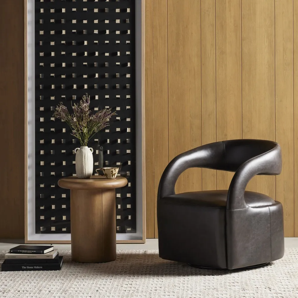 Hawkins Swivel Barrel Chair - Black, Leather