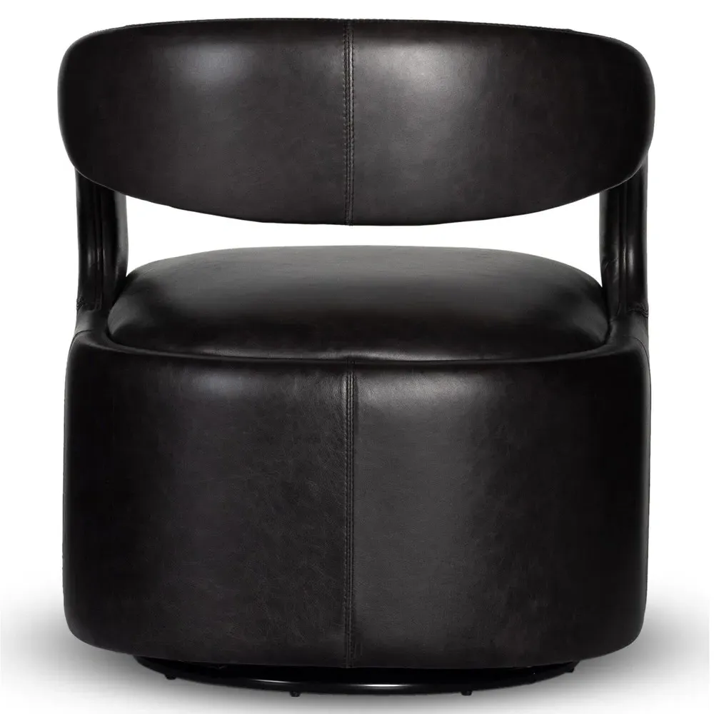 Hawkins Swivel Barrel Chair - Black, Leather