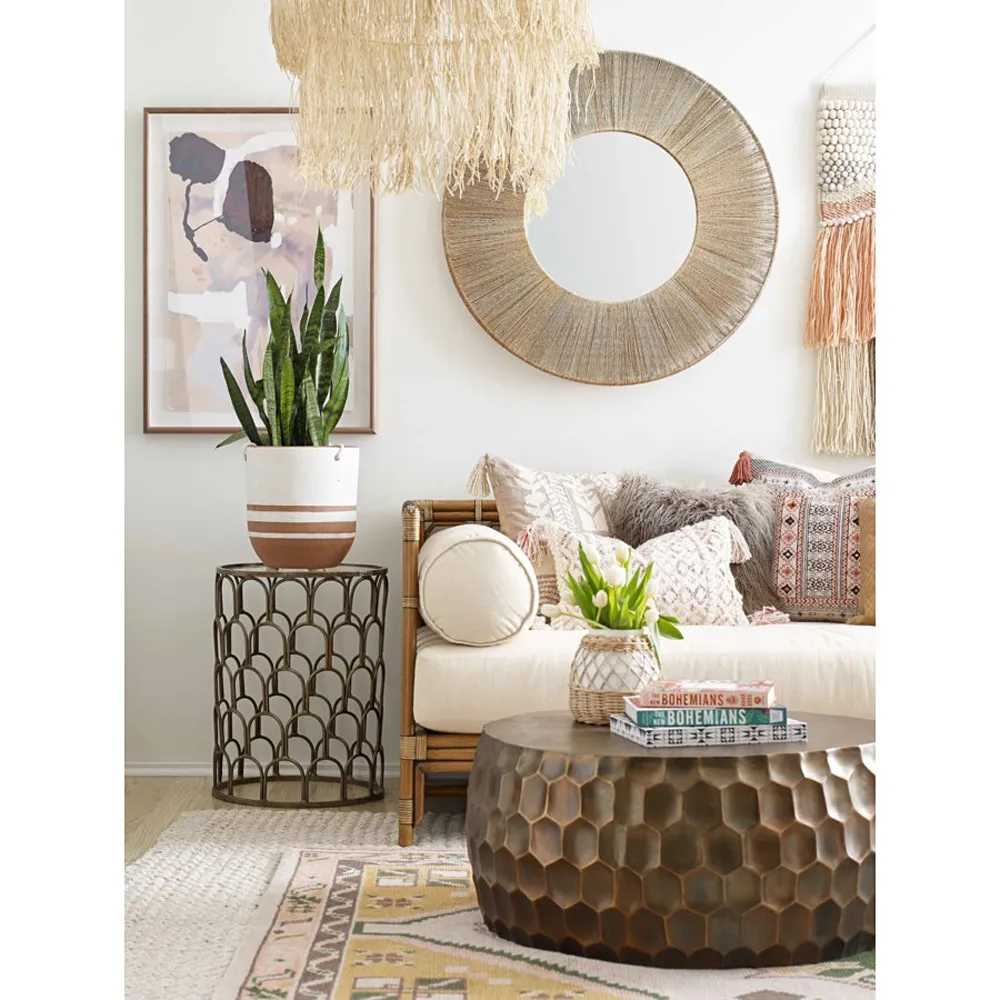 Heather Round Wall Mirror - Brown, Jute