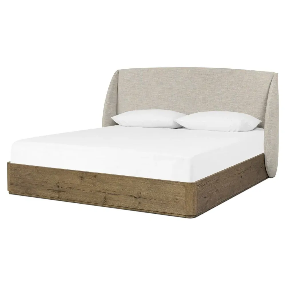Helen Queen Size Wingback Bed - Beige, Oak