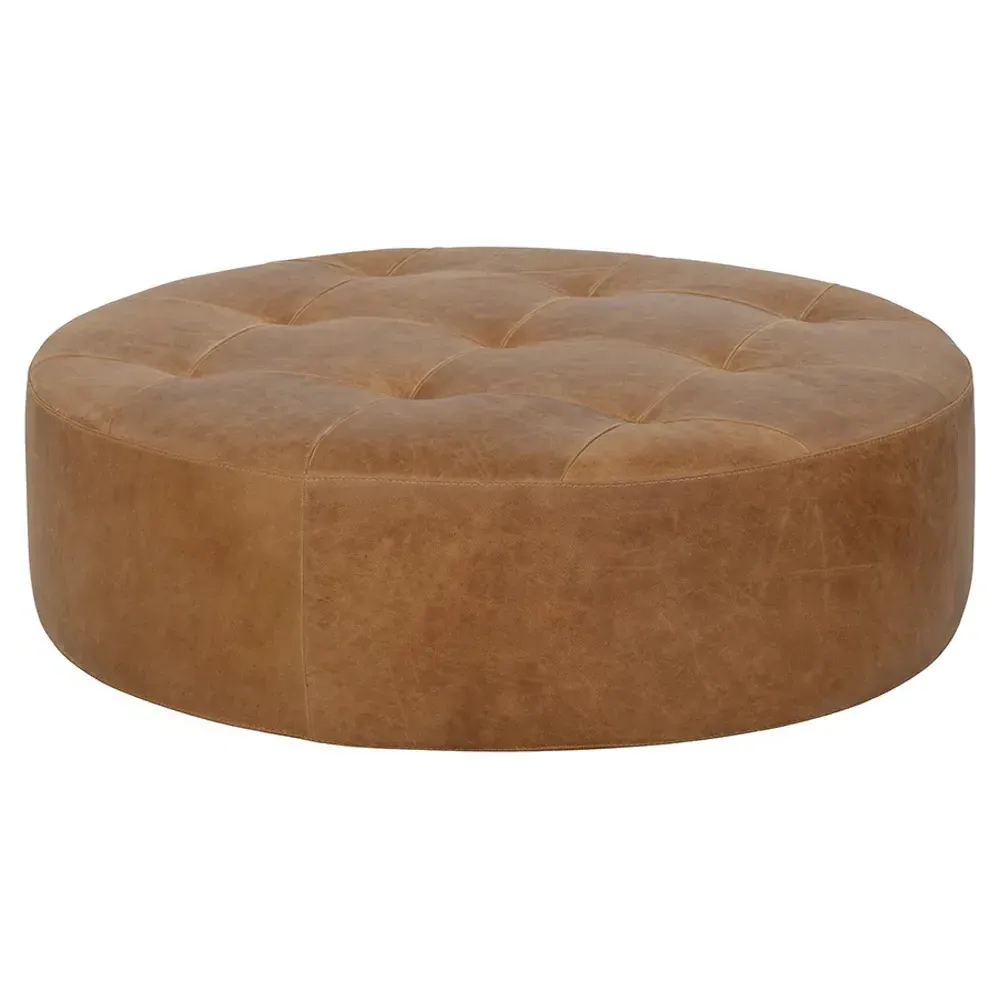 Hemingway Round Cocktail Ottoman - Brown, Leather image