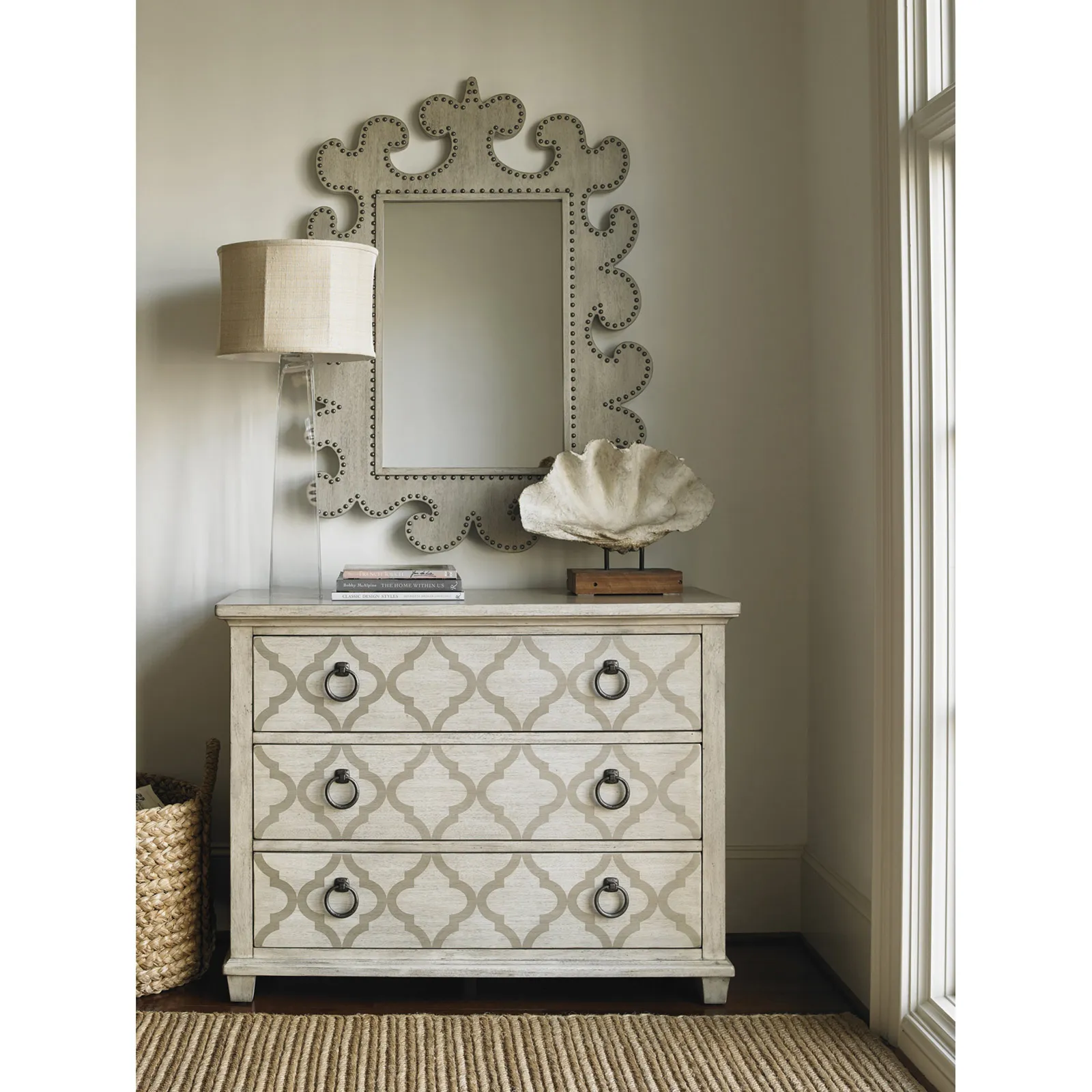 Hempstead Wall Mounted Mirror with Nailhead Trim - Grey, Wood