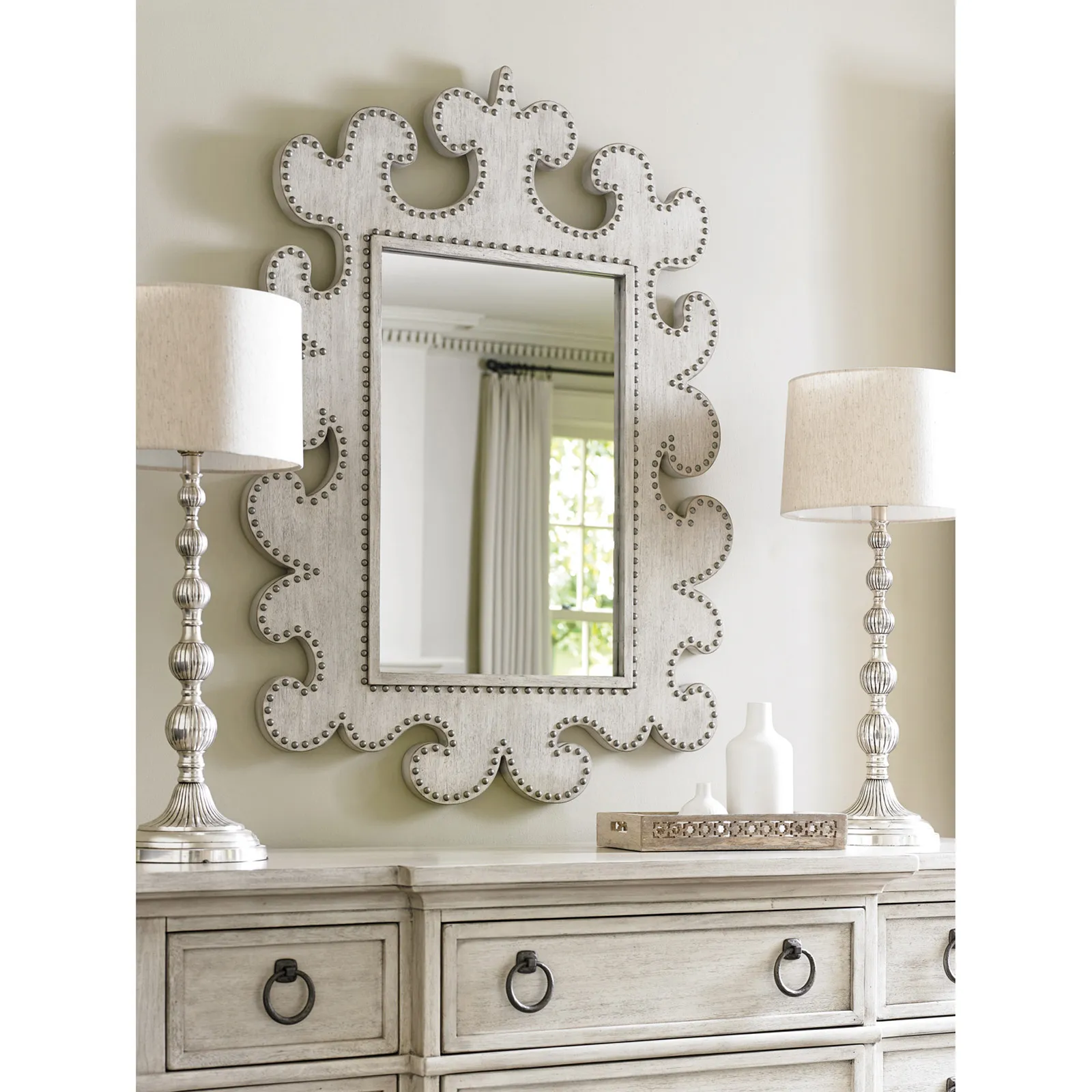 Hempstead Wall Mounted Mirror with Nailhead Trim - Grey, Wood