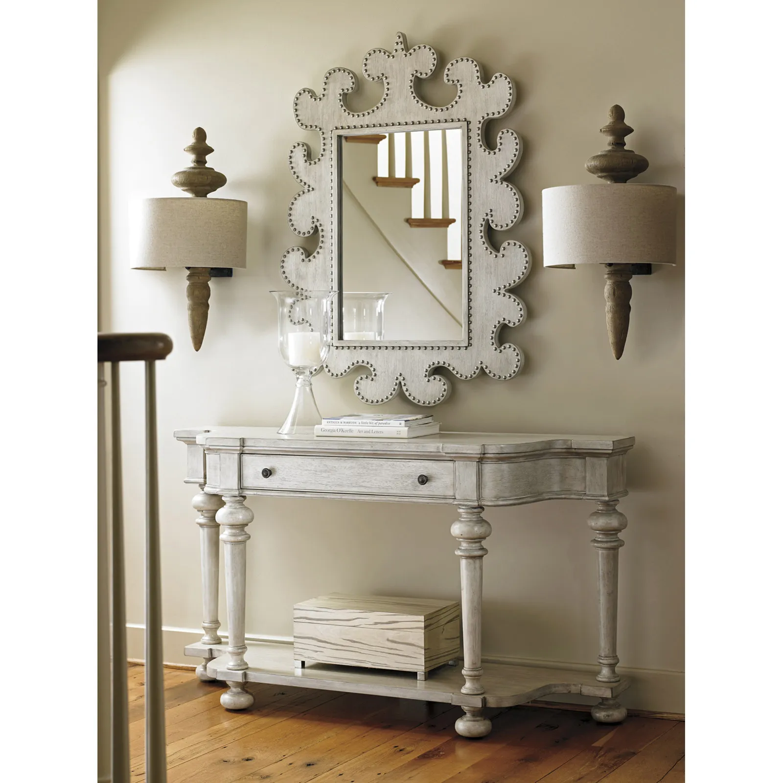 Hempstead Wall Mounted Mirror with Nailhead Trim - Grey, Wood
