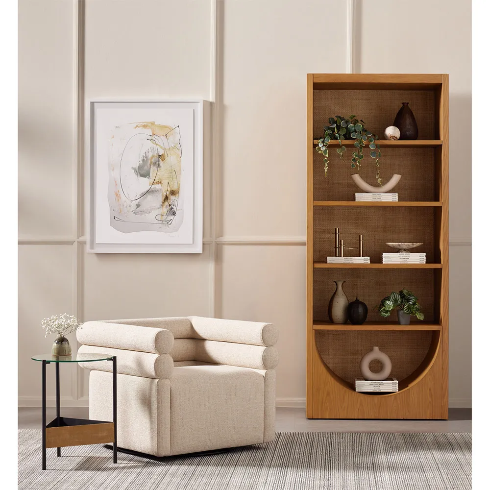 Hilary Arched Bookcase with Cane Panel - Light Brown, Oak