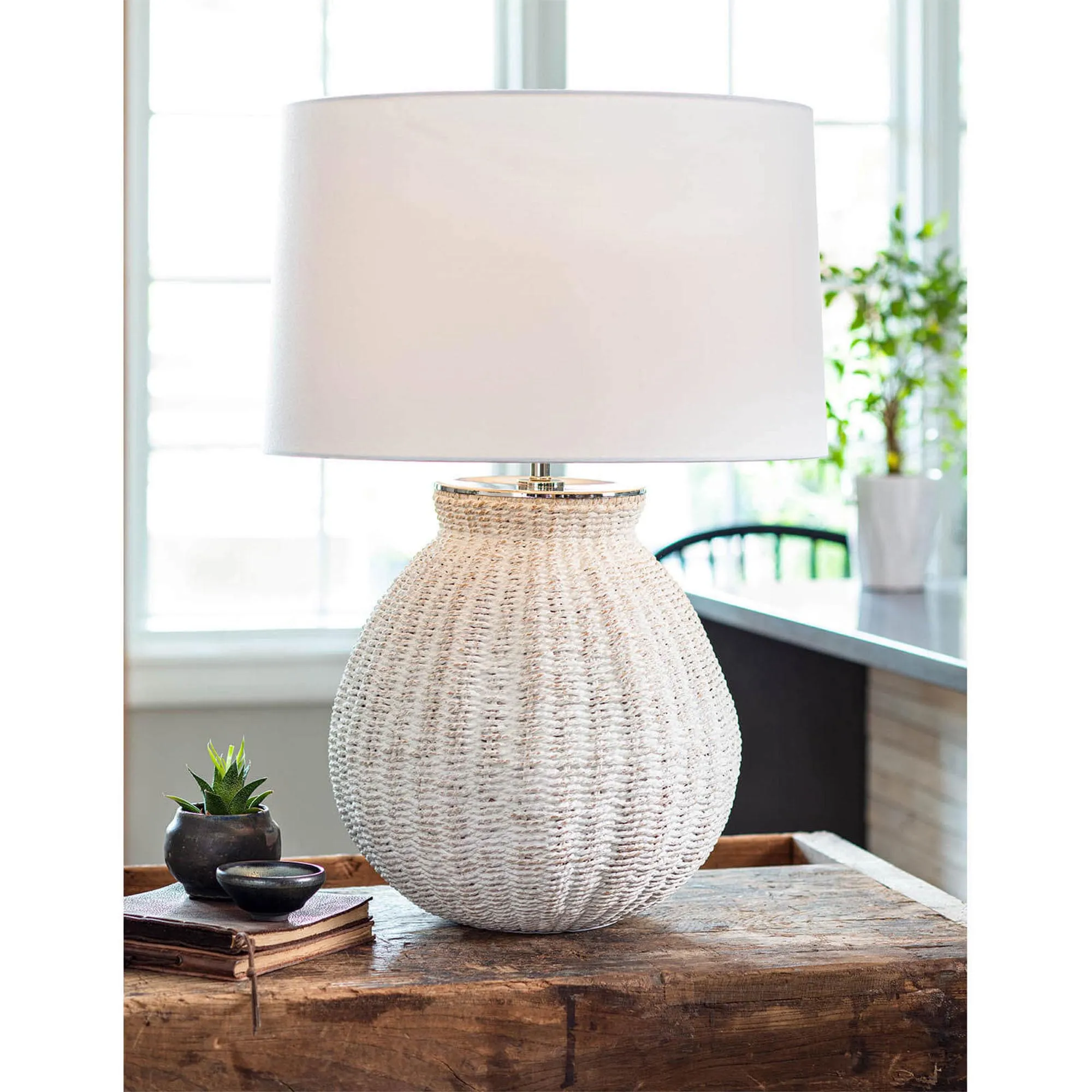 Hobi Woven Rattan Bedside Table Lamp - White