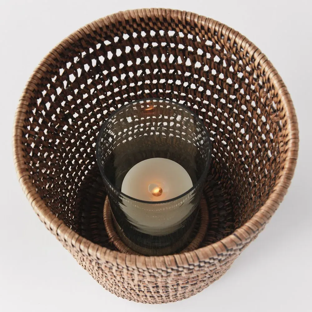 Hollis Large Hurricane Candleholder - Brown, Rattan