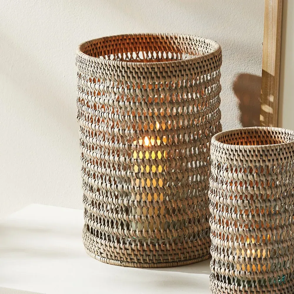Hollis Large Hurricane Candleholder - Brown, Rattan