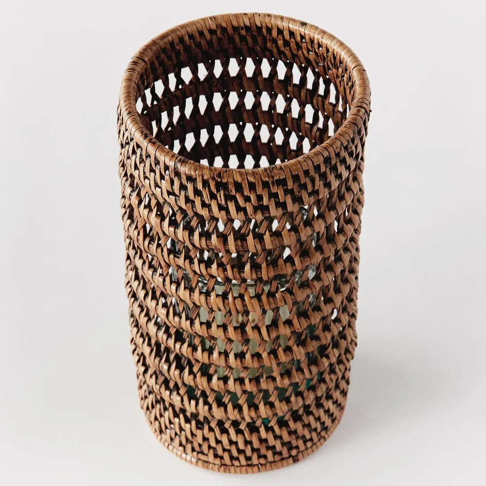 Hollis Small Hurricane Candleholder - Brown, Rattan