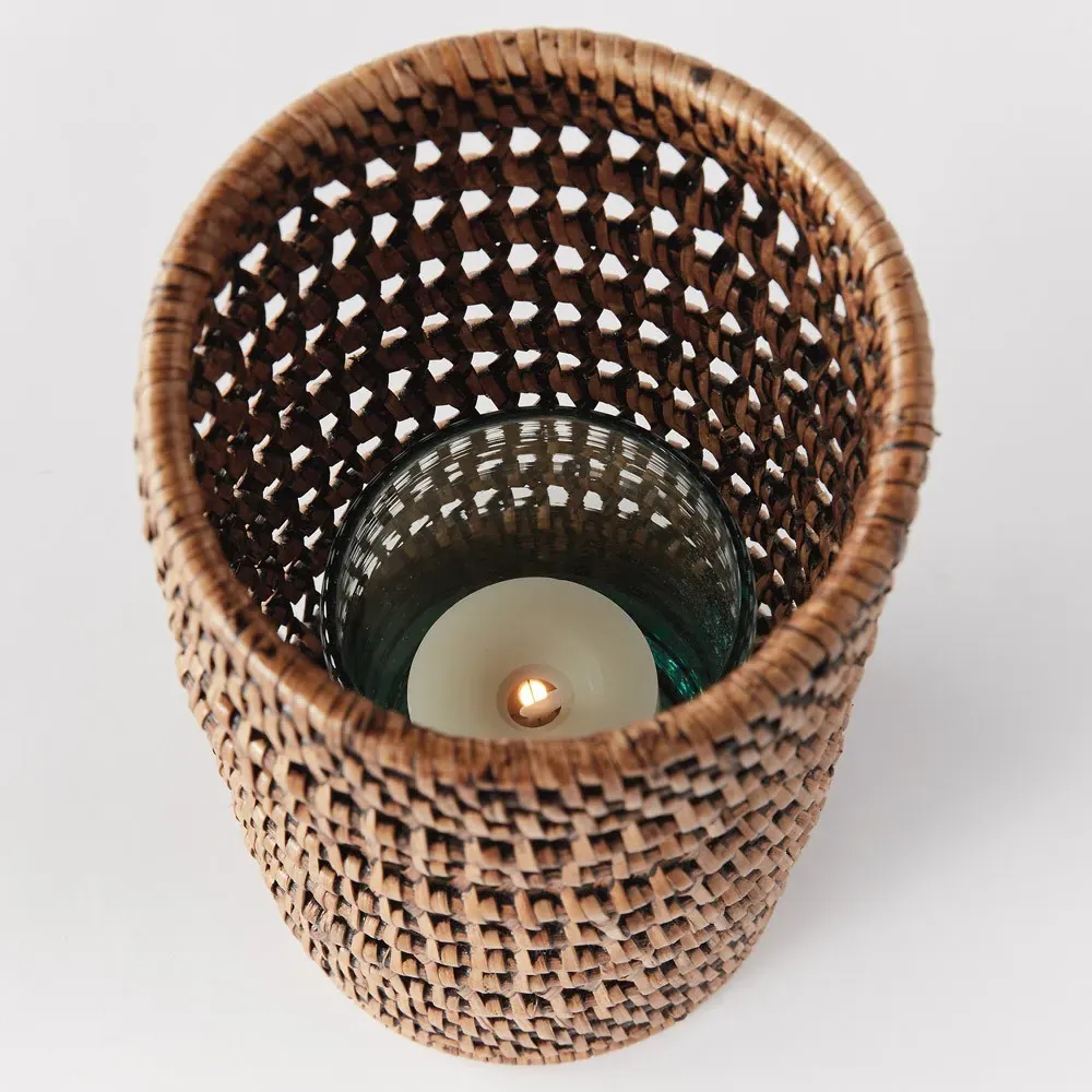 Hollis Small Hurricane Candleholder - Brown, Rattan