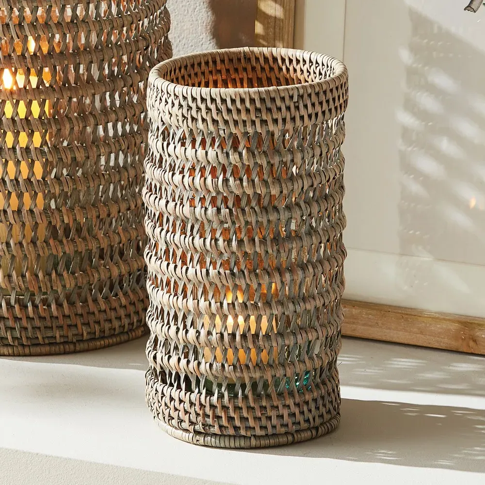 Hollis Small Hurricane Candleholder - Brown, Rattan
