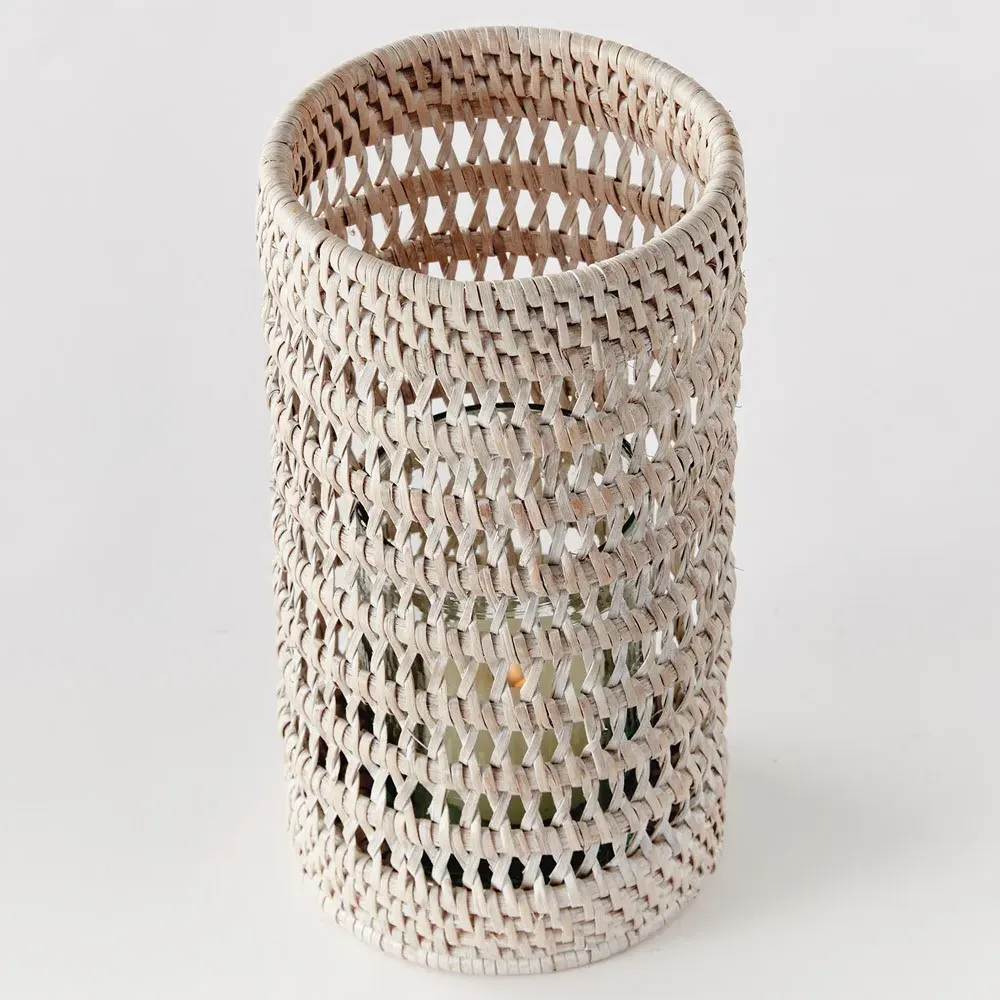 Hollis Small Hurricane Candleholder - Whitewash, Rattan
