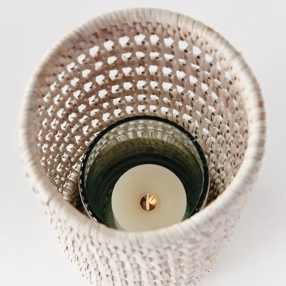 Hollis Small Hurricane Candleholder - Whitewash, Rattan