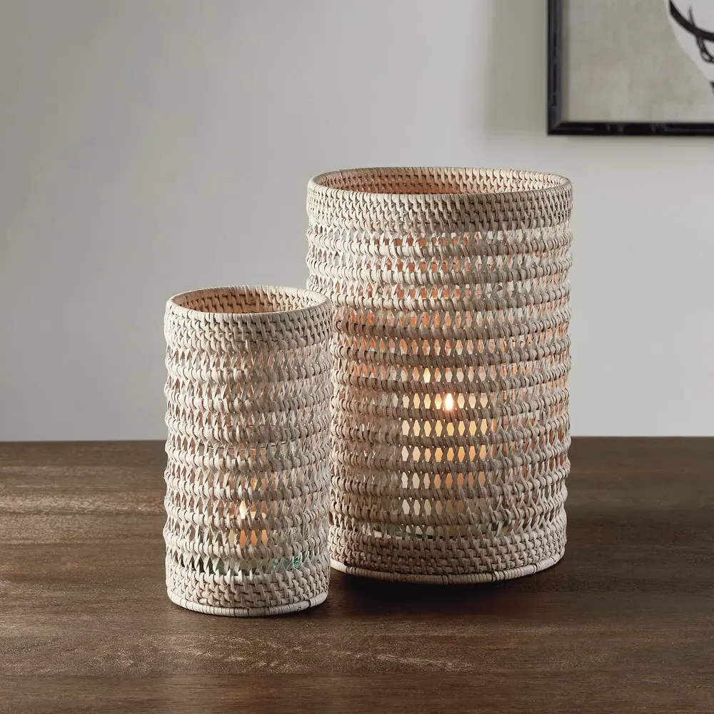 Hollis Small Hurricane Candleholder - Whitewash, Rattan