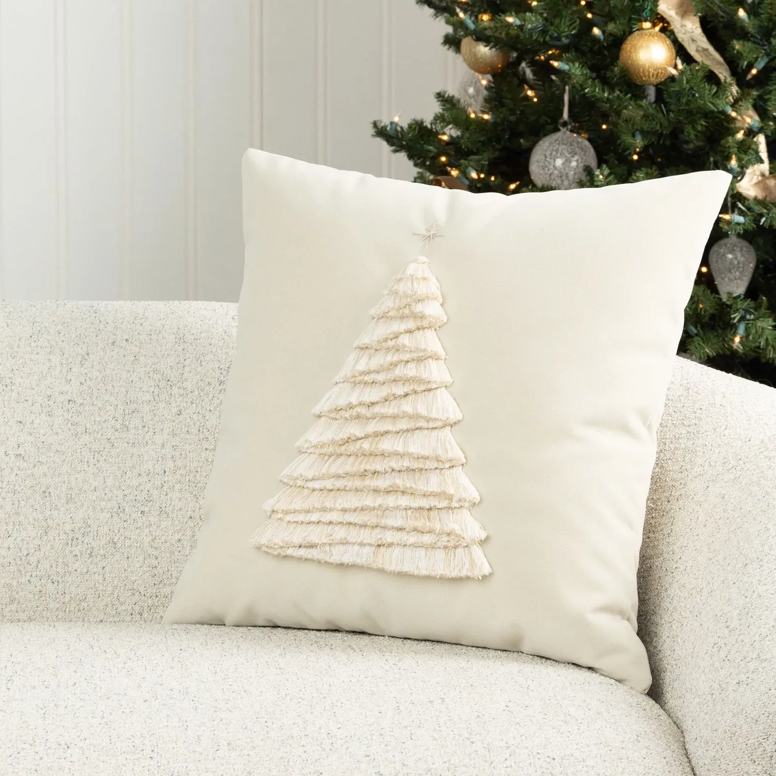 Holly Fringe Tree Throw Pillow - Cream, Velvet