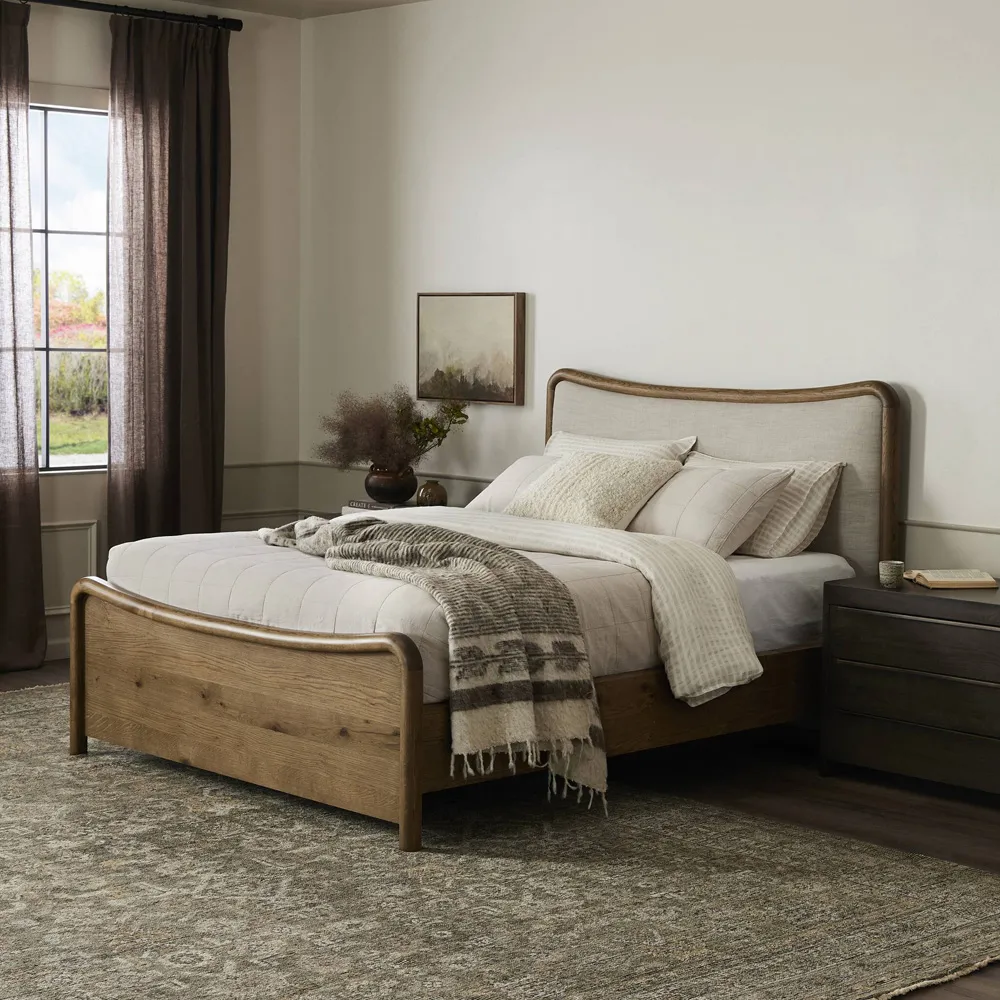 Holmes King Size Curved Bed - Beige, Brown Oak