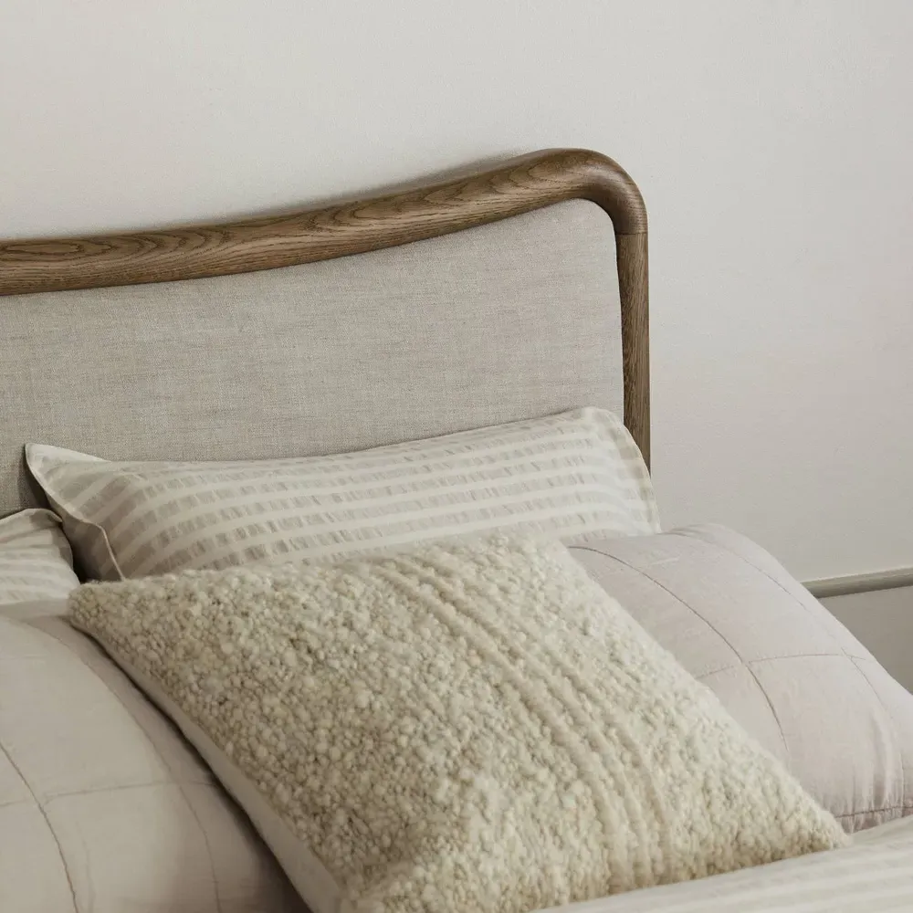 Holmes Queen Size Curved Bed - Beige, Brown Oak