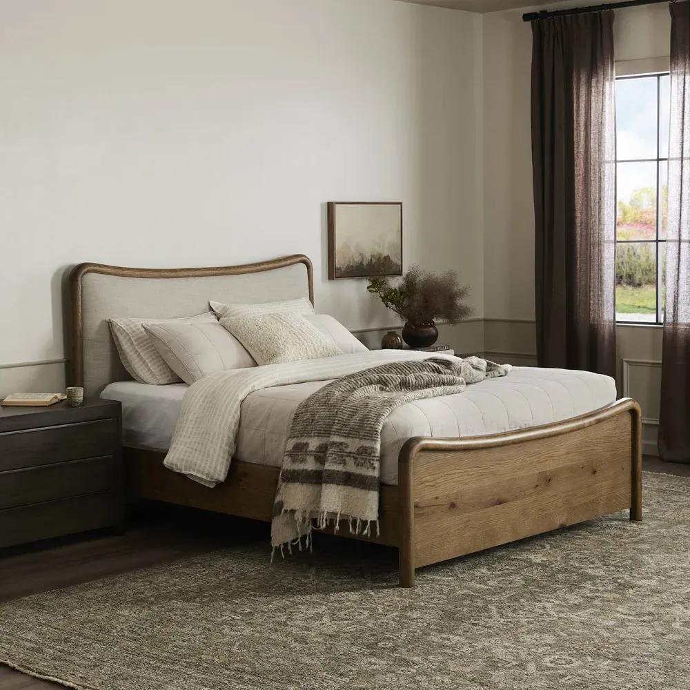 Holmes Queen Size Curved Bed - Beige, Brown Oak