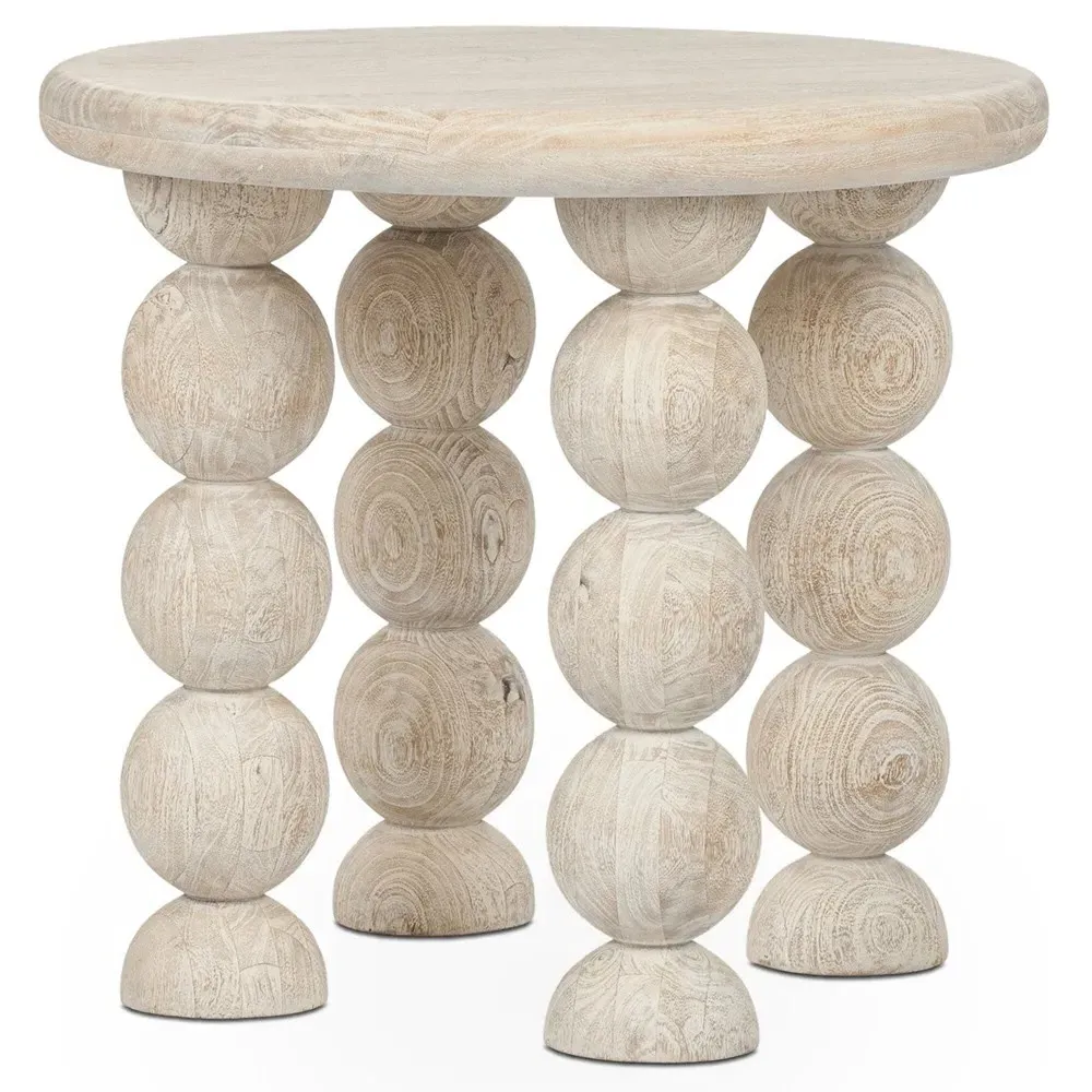 Holzer Round End Table - Cream, Mango Wood