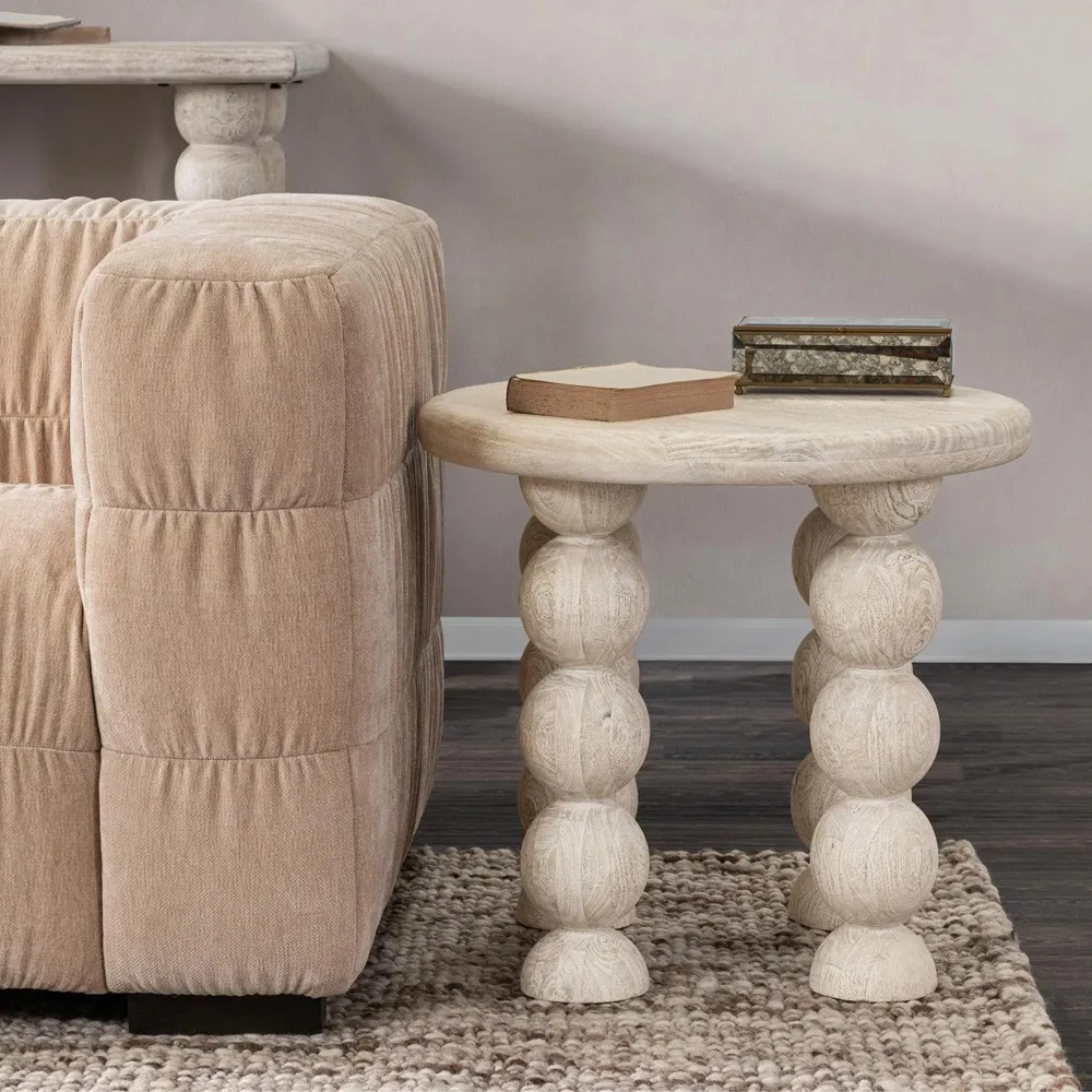 Holzer Round End Table - Cream, Mango Wood