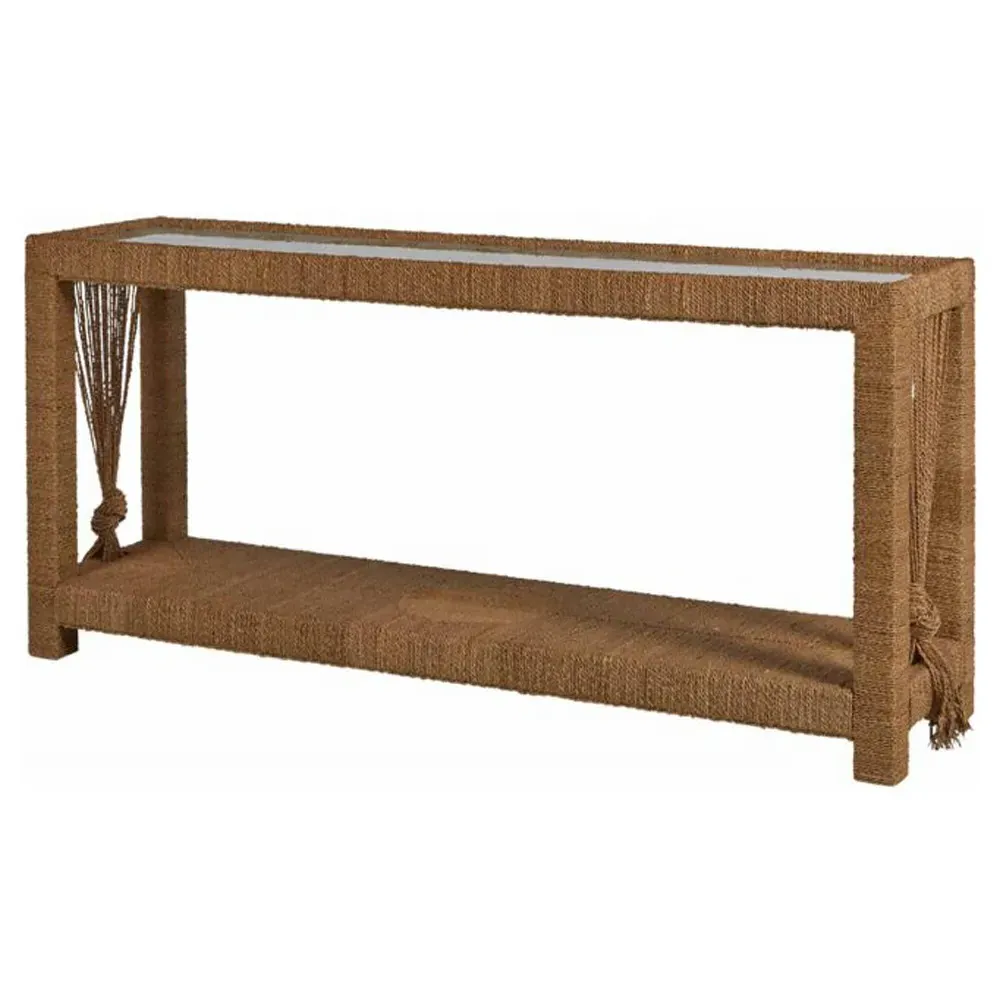 Hutch Console Table with Seagrass Rope - Clear Glass, Brown