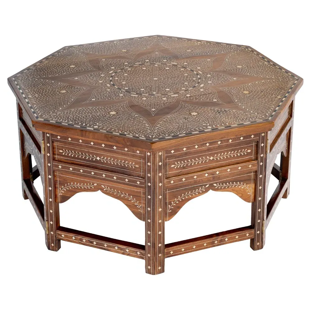 Ian Coffee Table with Bone Inlay - Brown, Teak Wood