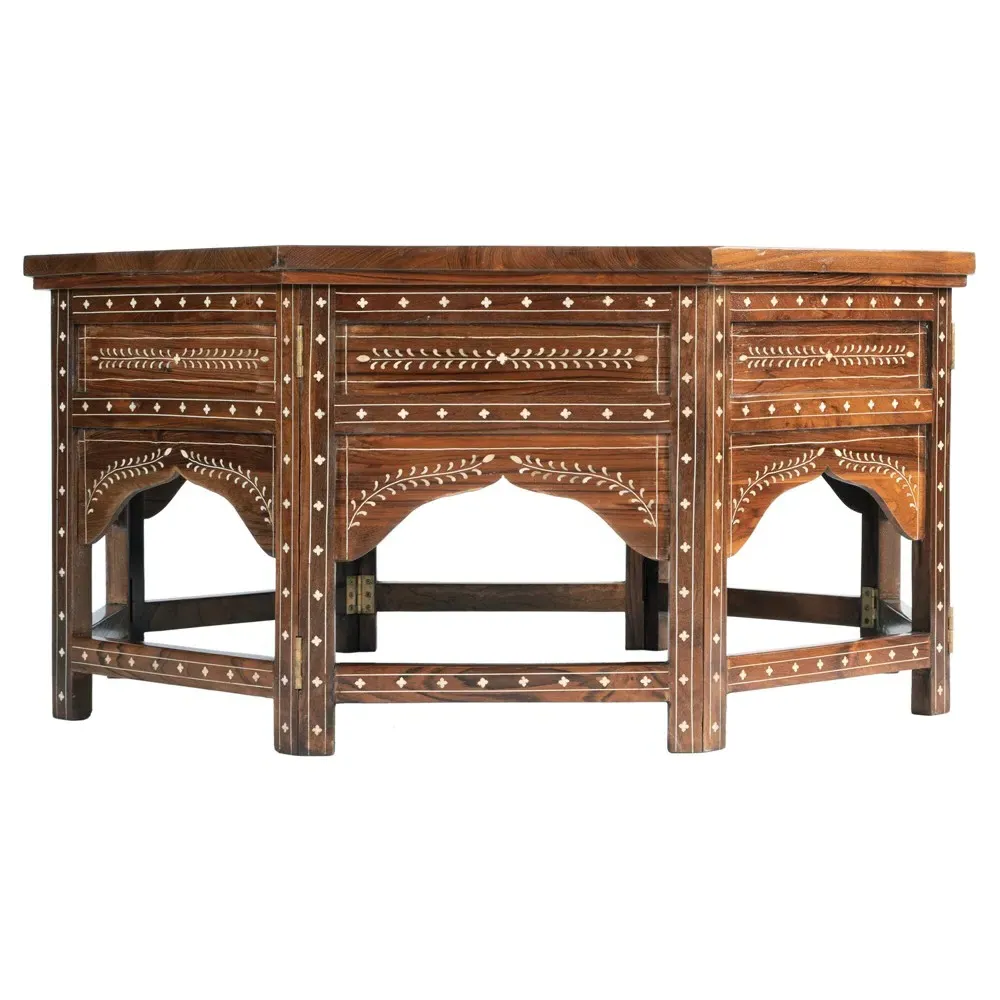 Ian Coffee Table with Bone Inlay - Brown, Teak Wood