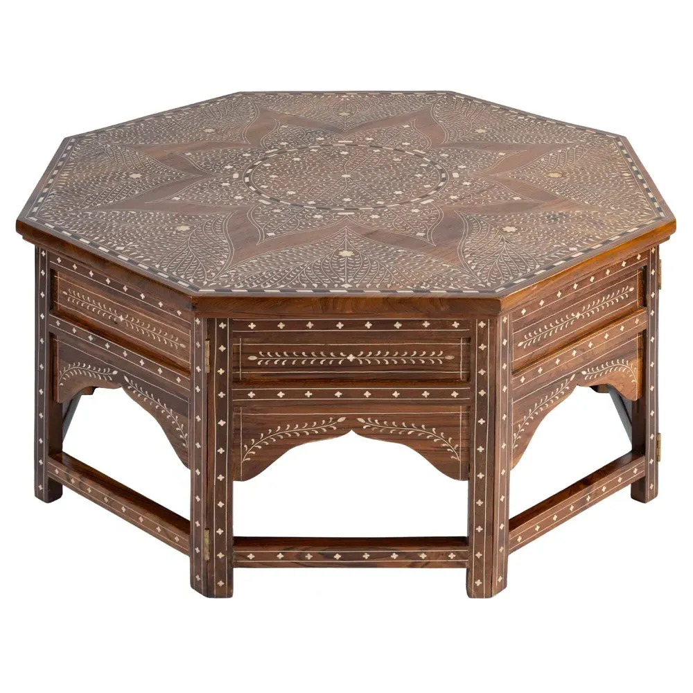 Ian Coffee Table with Bone Inlay - Brown, Teak Wood