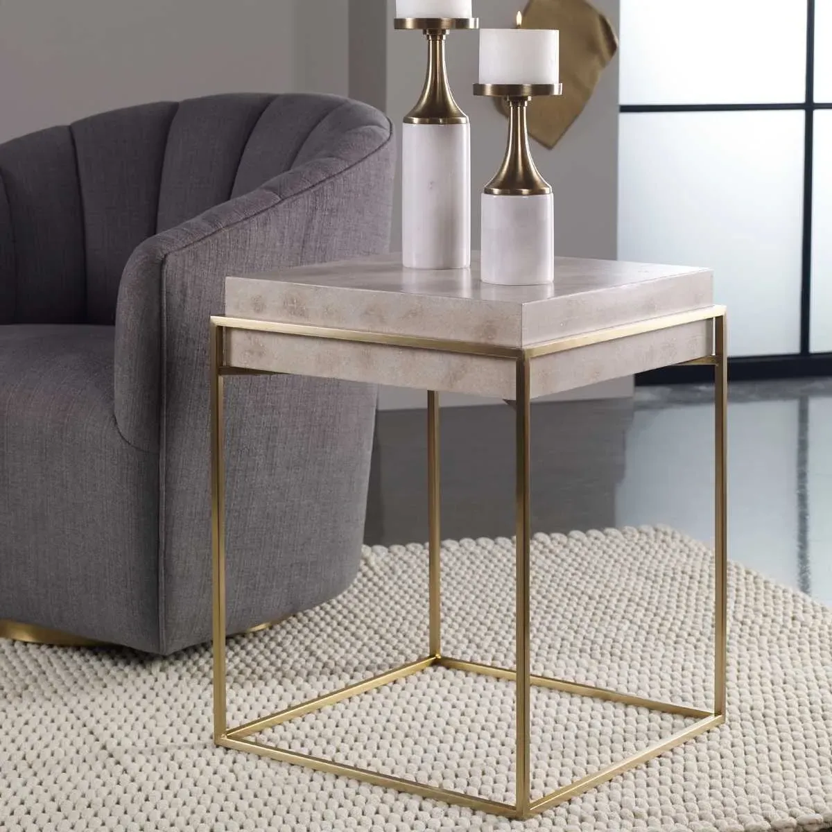 Iris Square Side Table - Cream, Burl Veneer