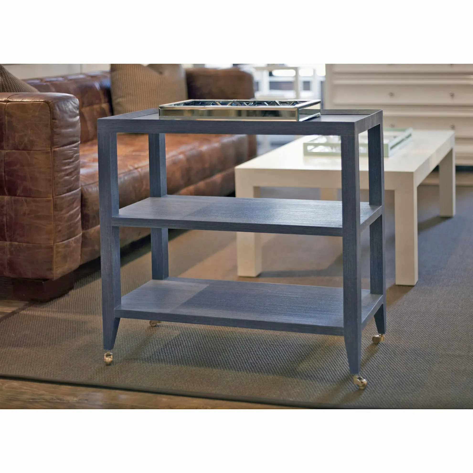 Isadora 3-Tier Rolling Console with Brass Casters - Navy Blue