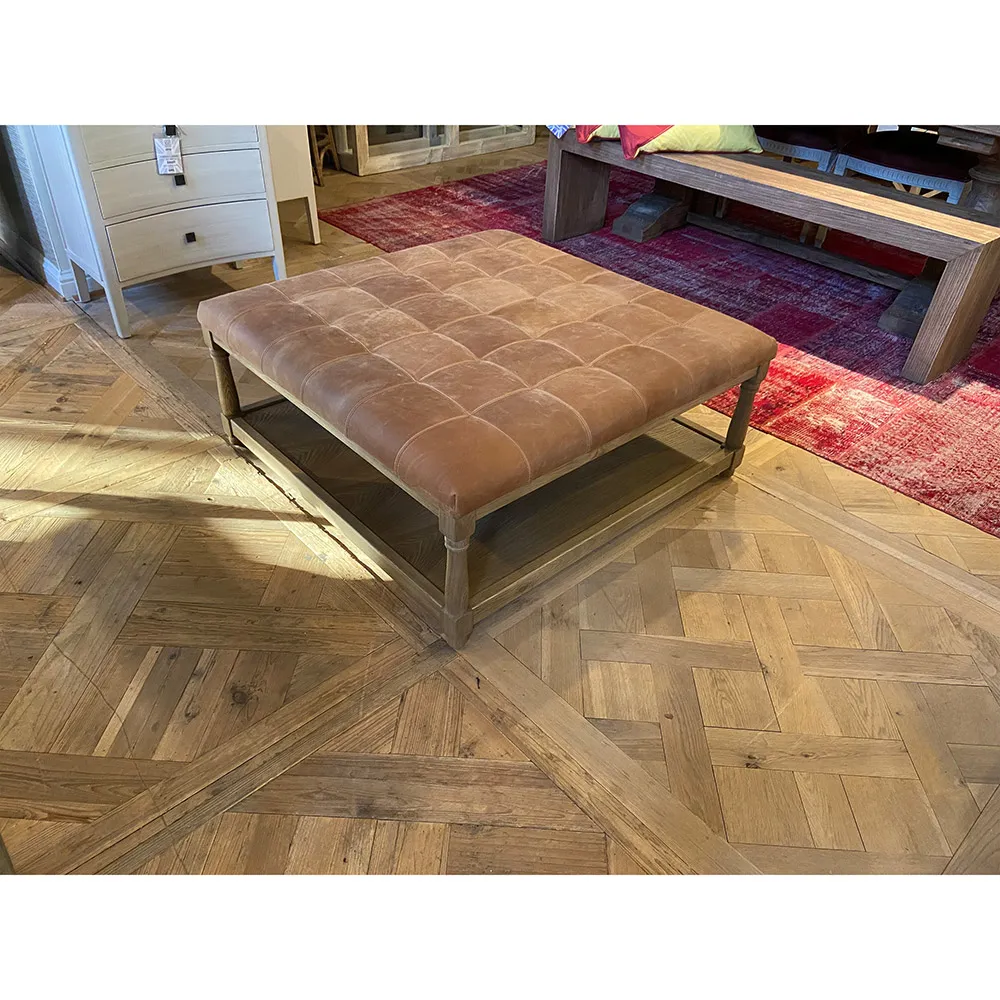 Ishan Square Tufted Ottoman - Brown, Oak Wood