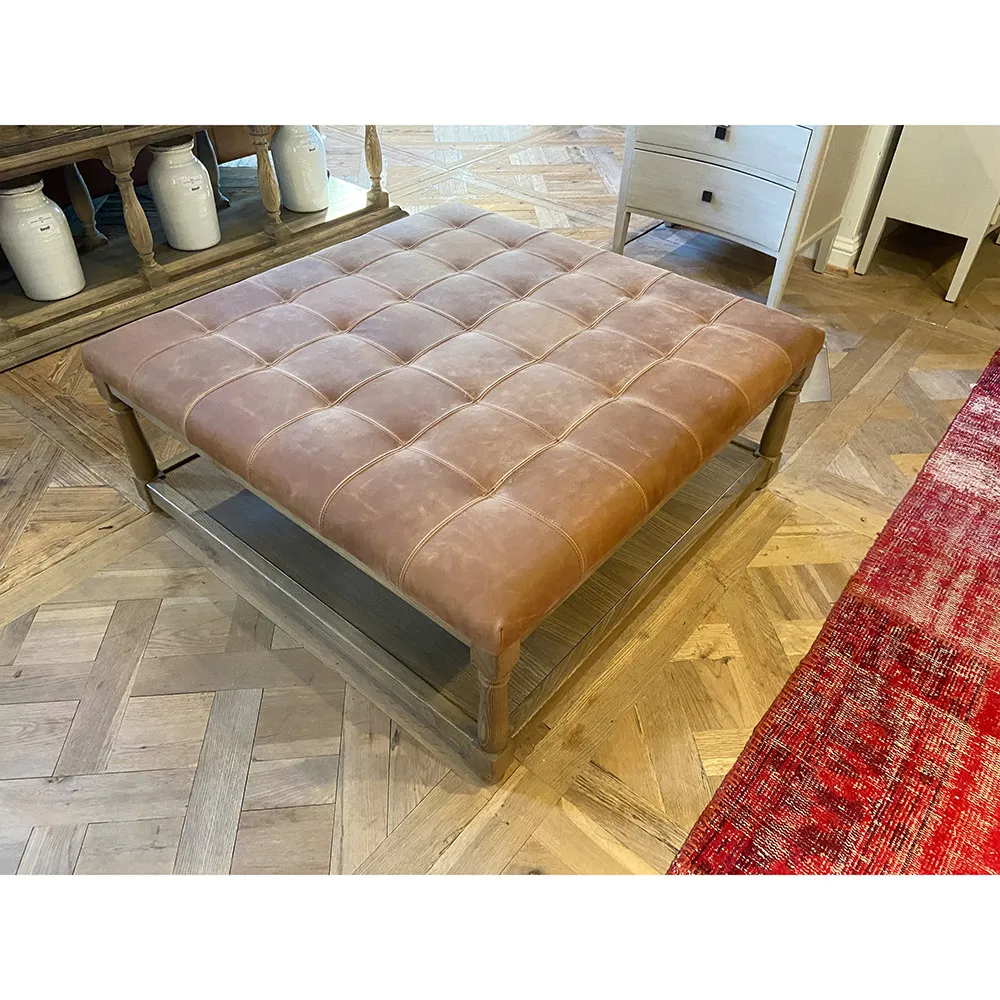 Ishan Square Tufted Ottoman - Brown, Oak Wood