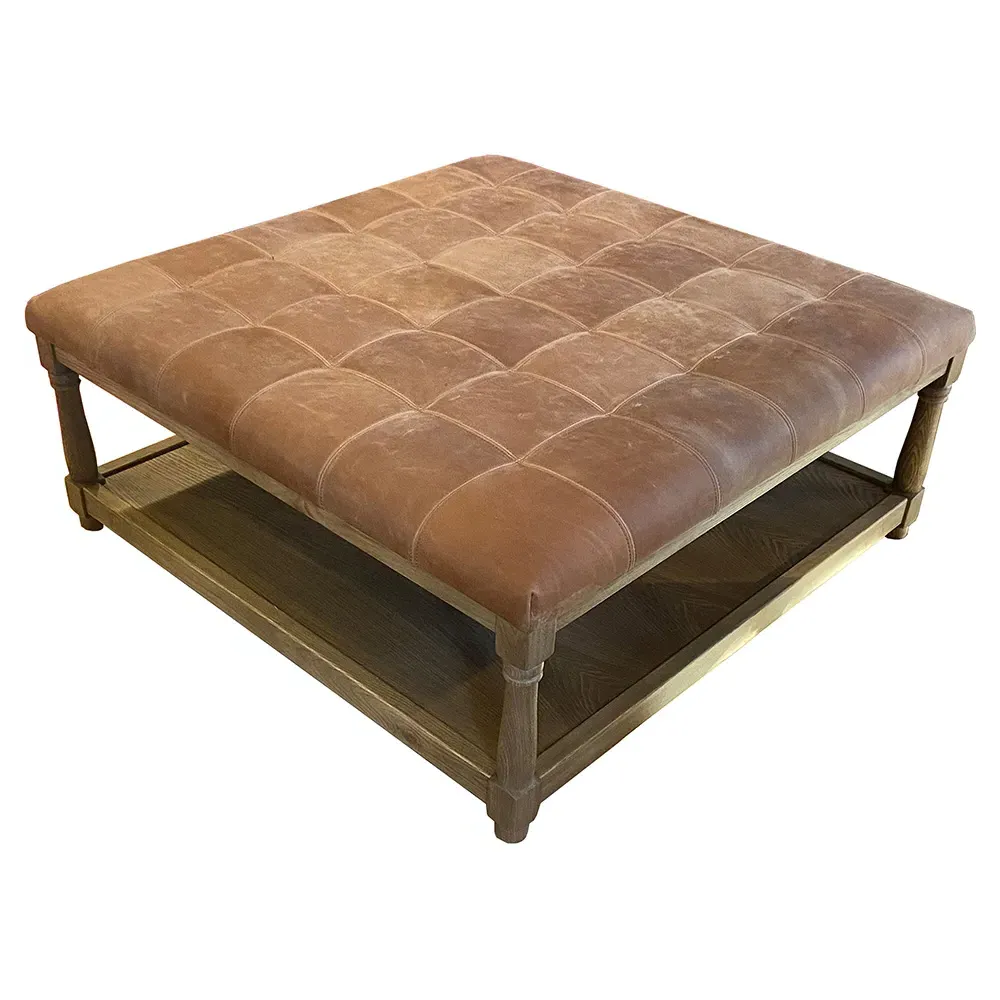 Ishan Square Tufted Ottoman - Brown, Oak Wood