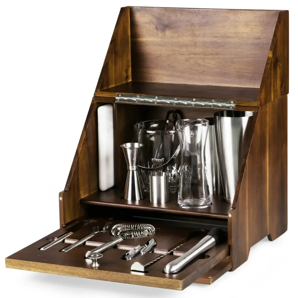 James Cocktail Bar Set Box - Brown, Acacia Wood
