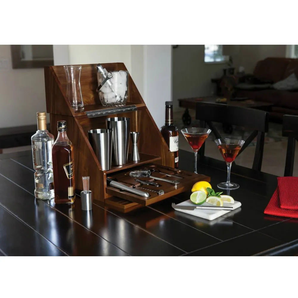 James Cocktail Bar Set Box - Brown, Acacia Wood