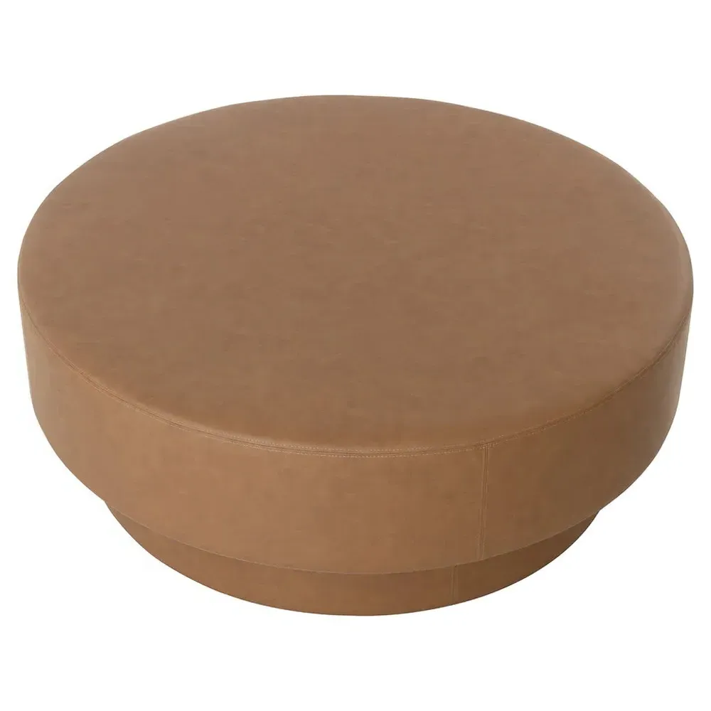 Jamie Round Ottoman - Brown, Faux Leather