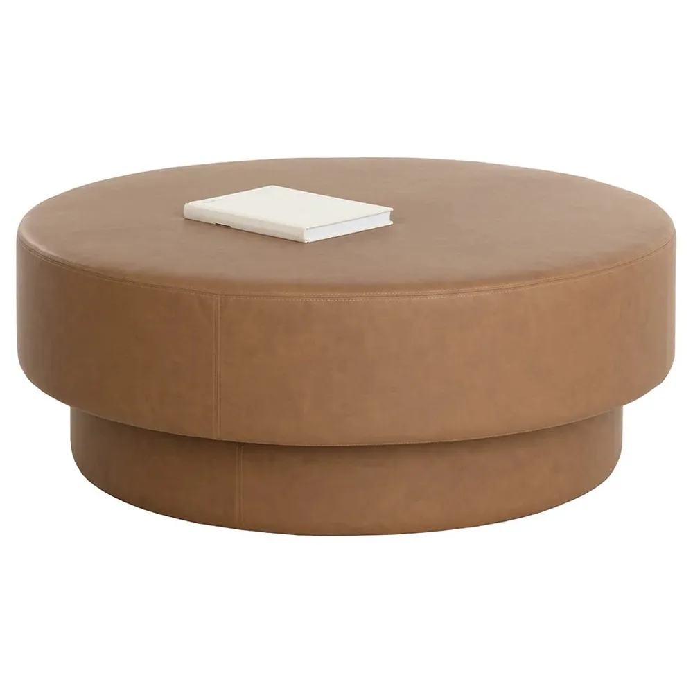 Jamie Round Ottoman - Brown, Faux Leather