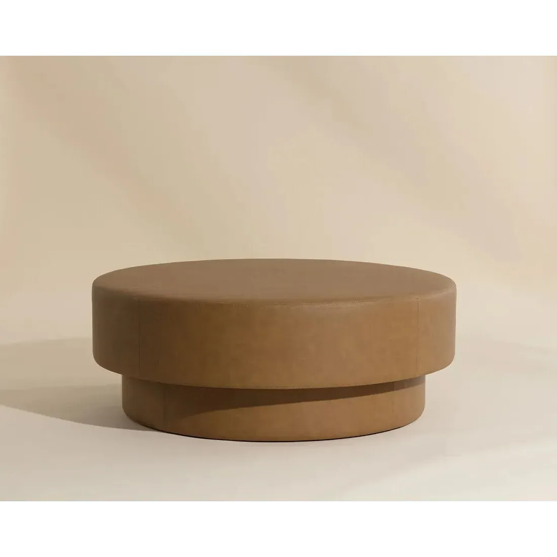 Jamie Round Ottoman - Brown, Faux Leather