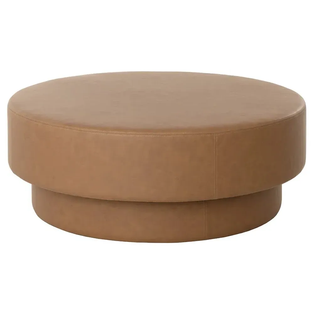 Jamie Round Ottoman - Brown, Faux Leather image