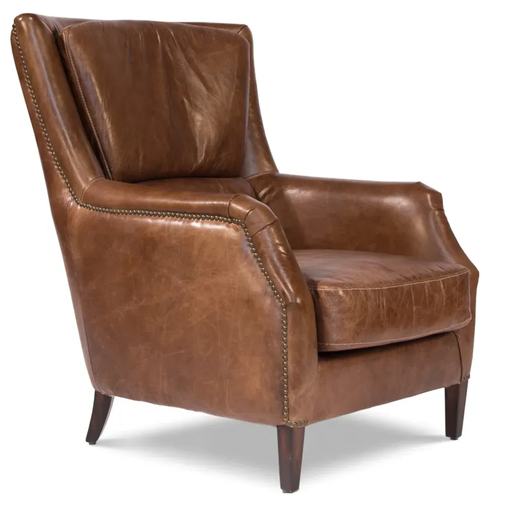 Janet Arm Chair with Nailhead Trim - Brown, Leather