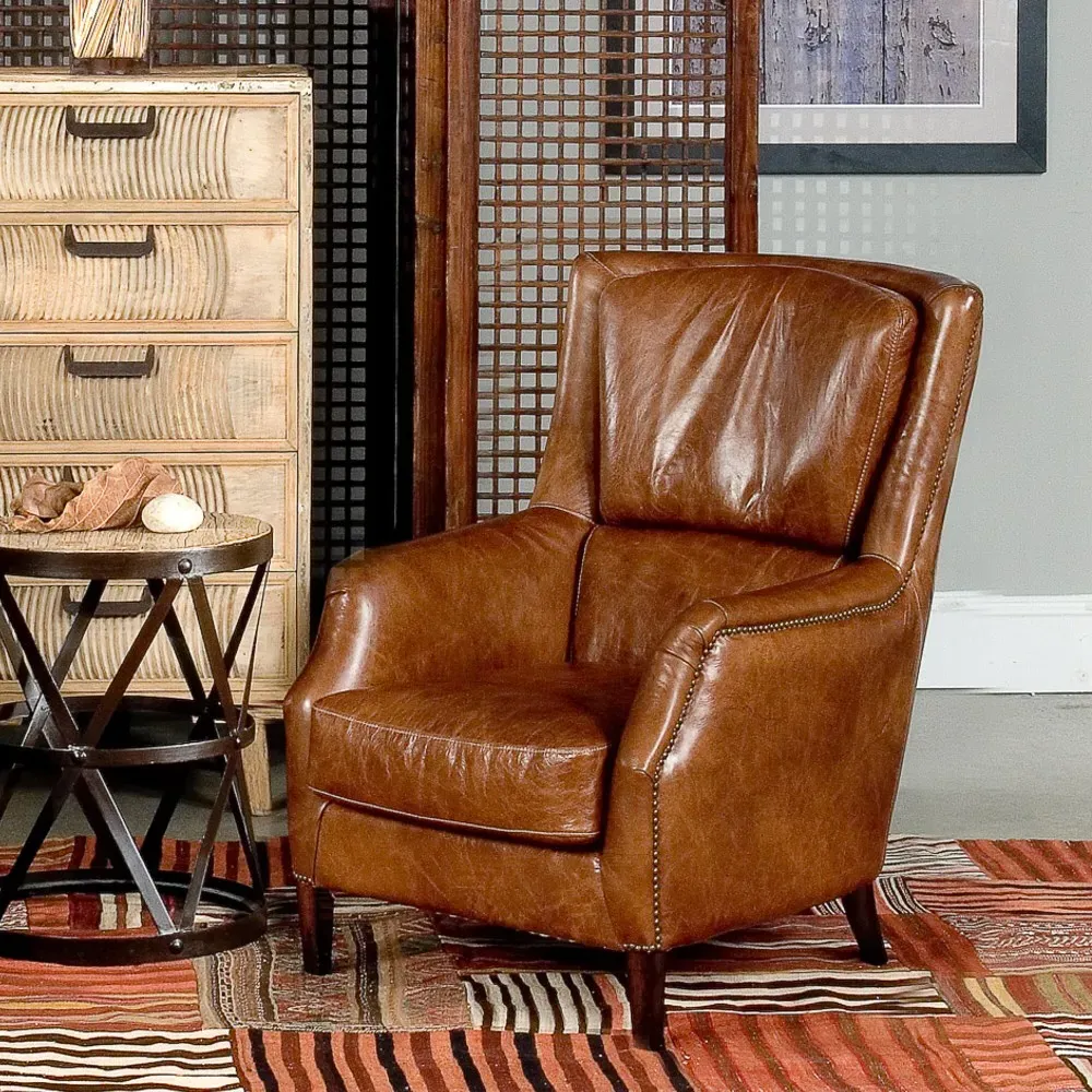 Janet Arm Chair with Nailhead Trim - Brown, Leather