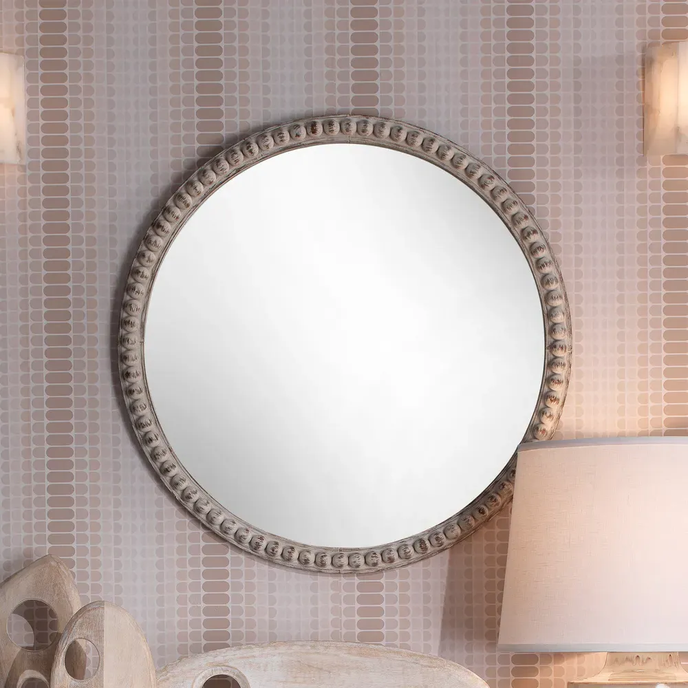 Janis Round Wall Mirror - White Washed, Wood