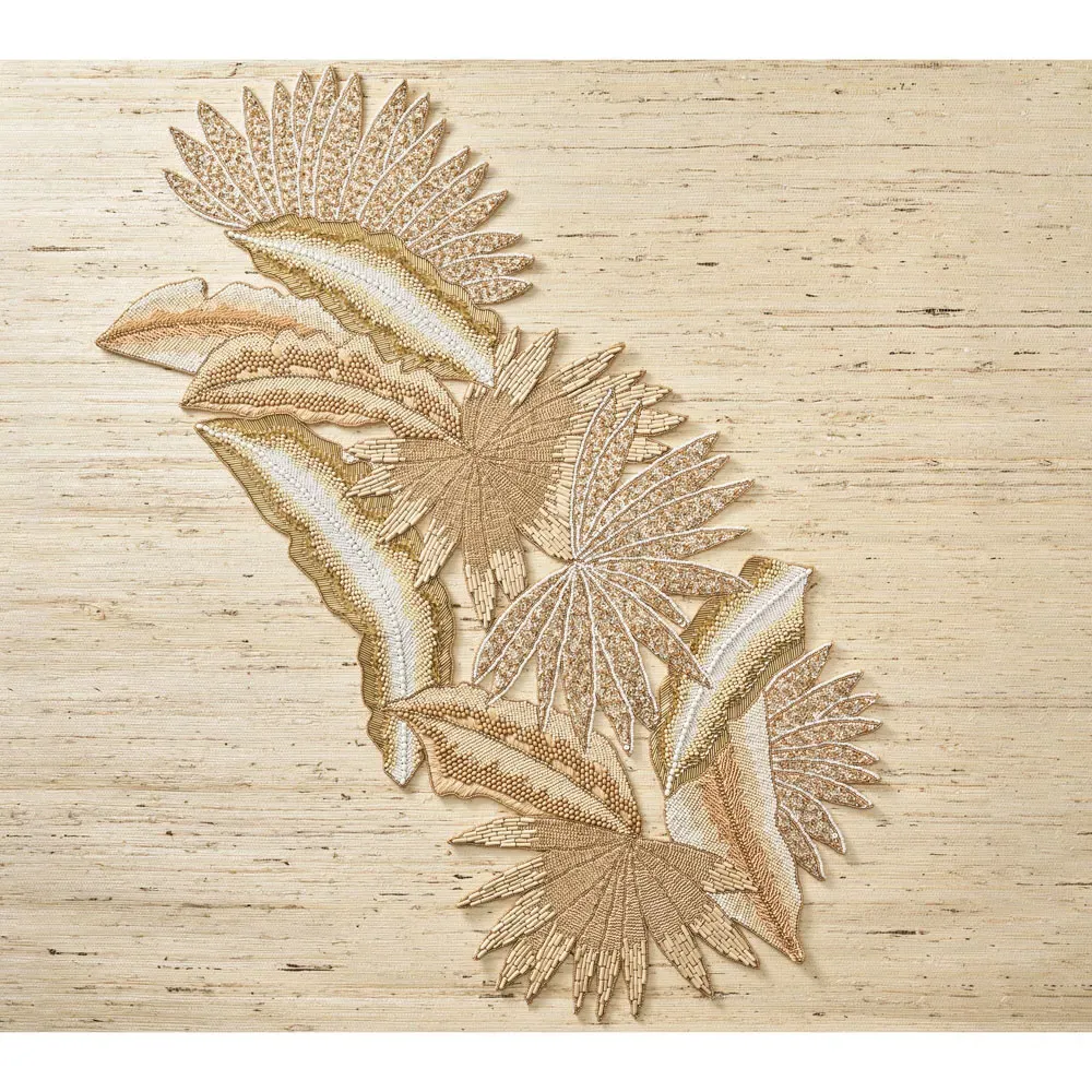 Java Beaded Tropical Leaves Table Runner - Gold, Natural