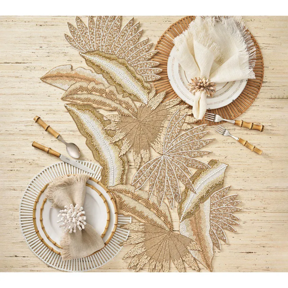 Java Beaded Tropical Leaves Table Runner - Gold, Natural