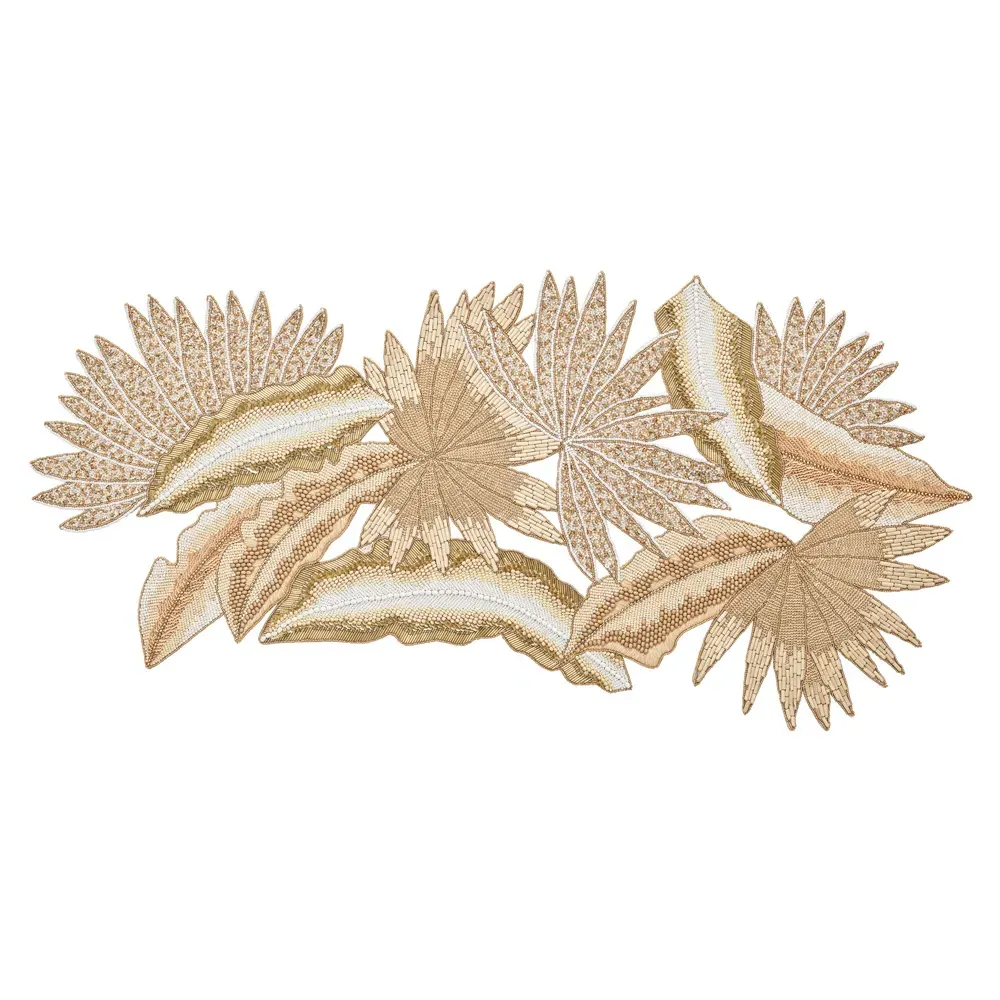 Java Beaded Tropical Leaves Table Runner - Gold, Natural